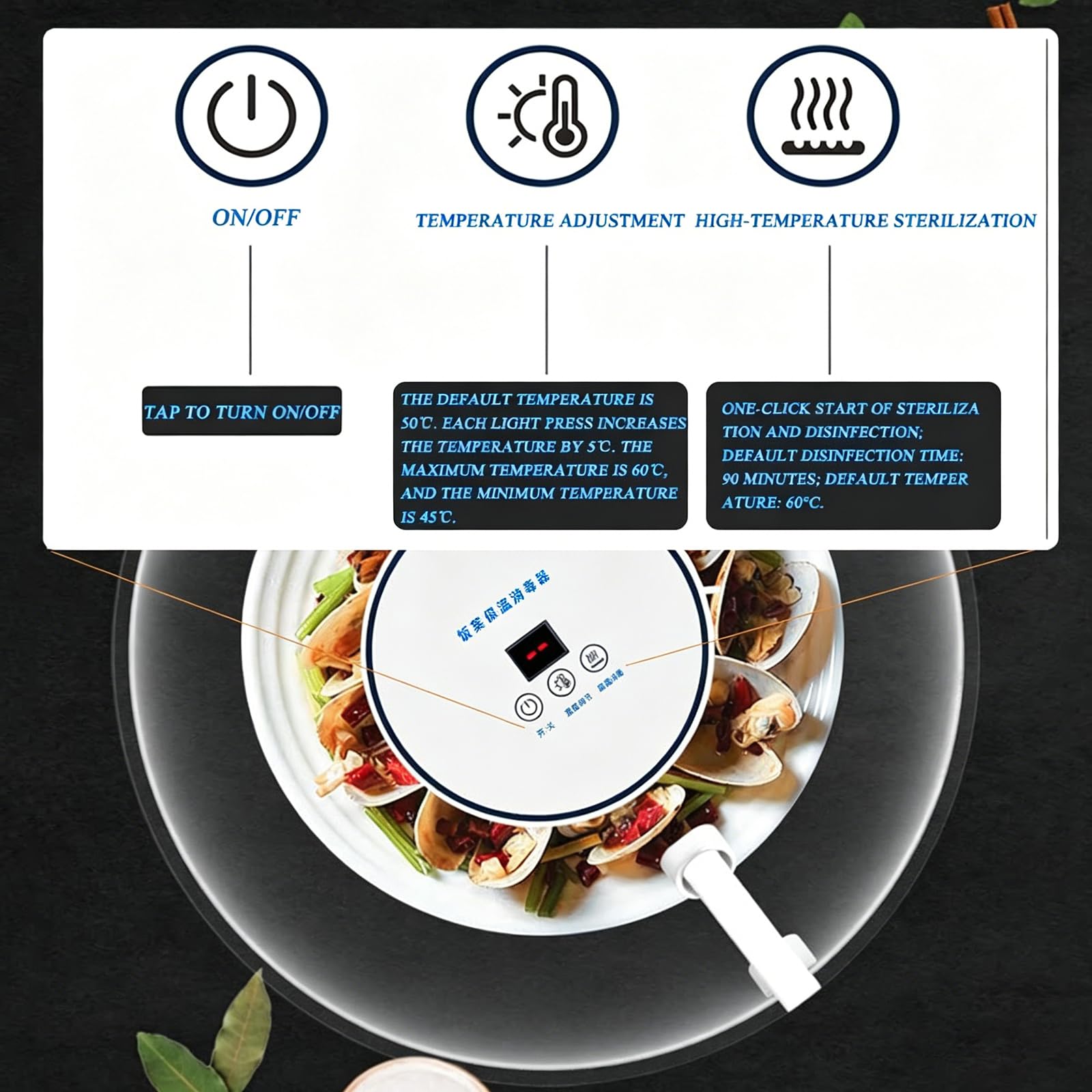 Tapa para calentar alimentos, mantiene la comida caliente y evita el frío, temperatura ajustable, descongelación rápida, a prueba de polvo, cubierta multifuncional con diseño de gancho