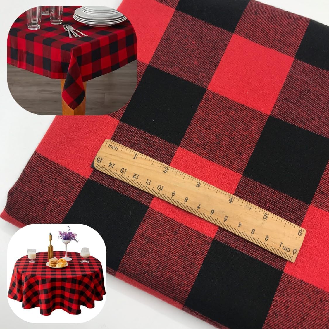 57x108 Inch Red Black Buffalo Plaid Fabric, 4.5oz/yd² Cotton Blend Flannel for Christmas Tree Skirt, Curtain, Picnic Party Table Cloth, Family Costume