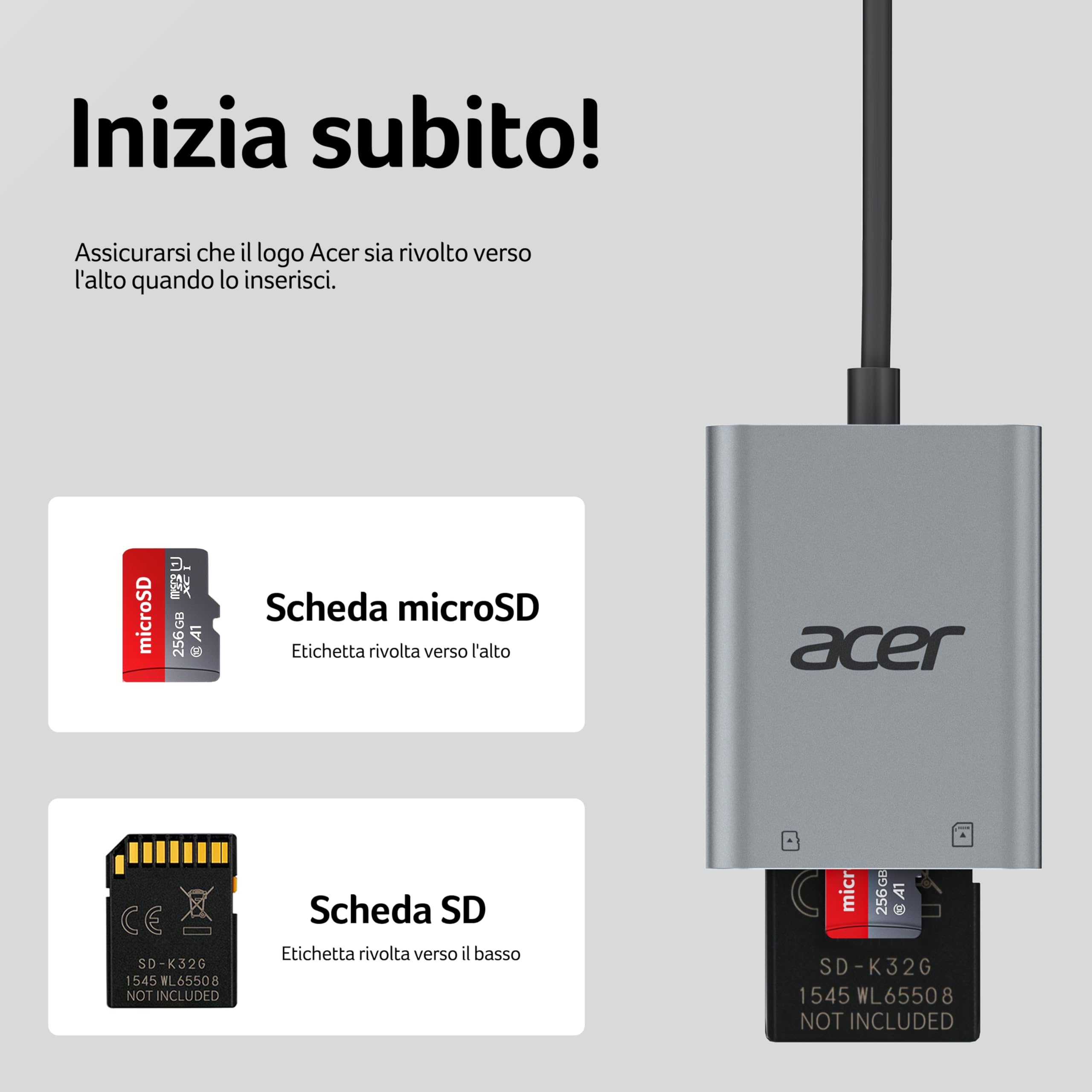 Acer Lettore di schede SD USB 3.0 con cavo, SD Card Reader usb per fotocamere in alluminio UHS-I, adattatore USB-A micro SD ad alta velocità, compatibile con SDXC, micro SDHC, TF, RS-MMC, computer