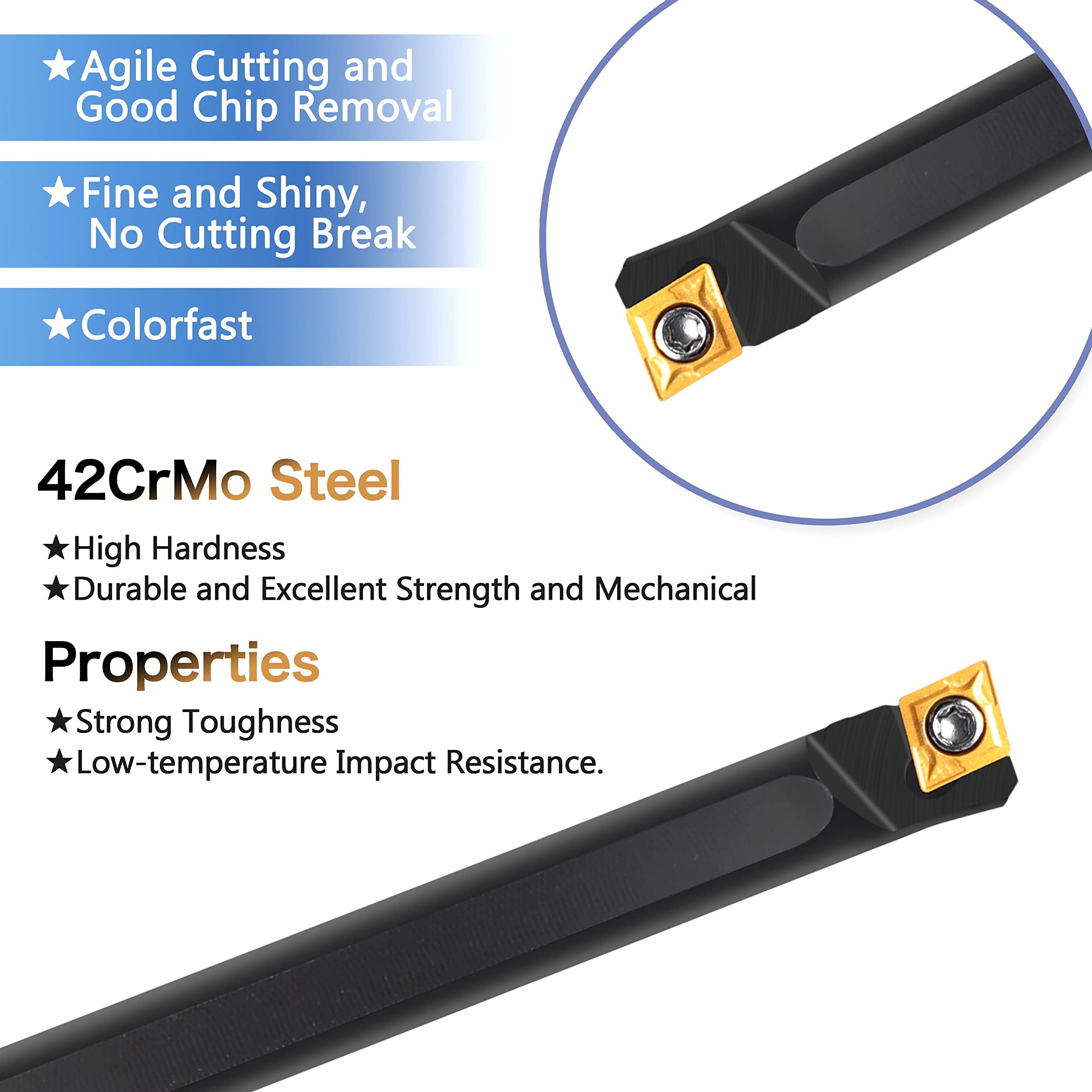 Lot de 21 outils de tournage de tour – Outils de coupe de tour en métal 7 pièces de 1,9 cm + 14 inserts en carbure indexables dorés pour outils de tour