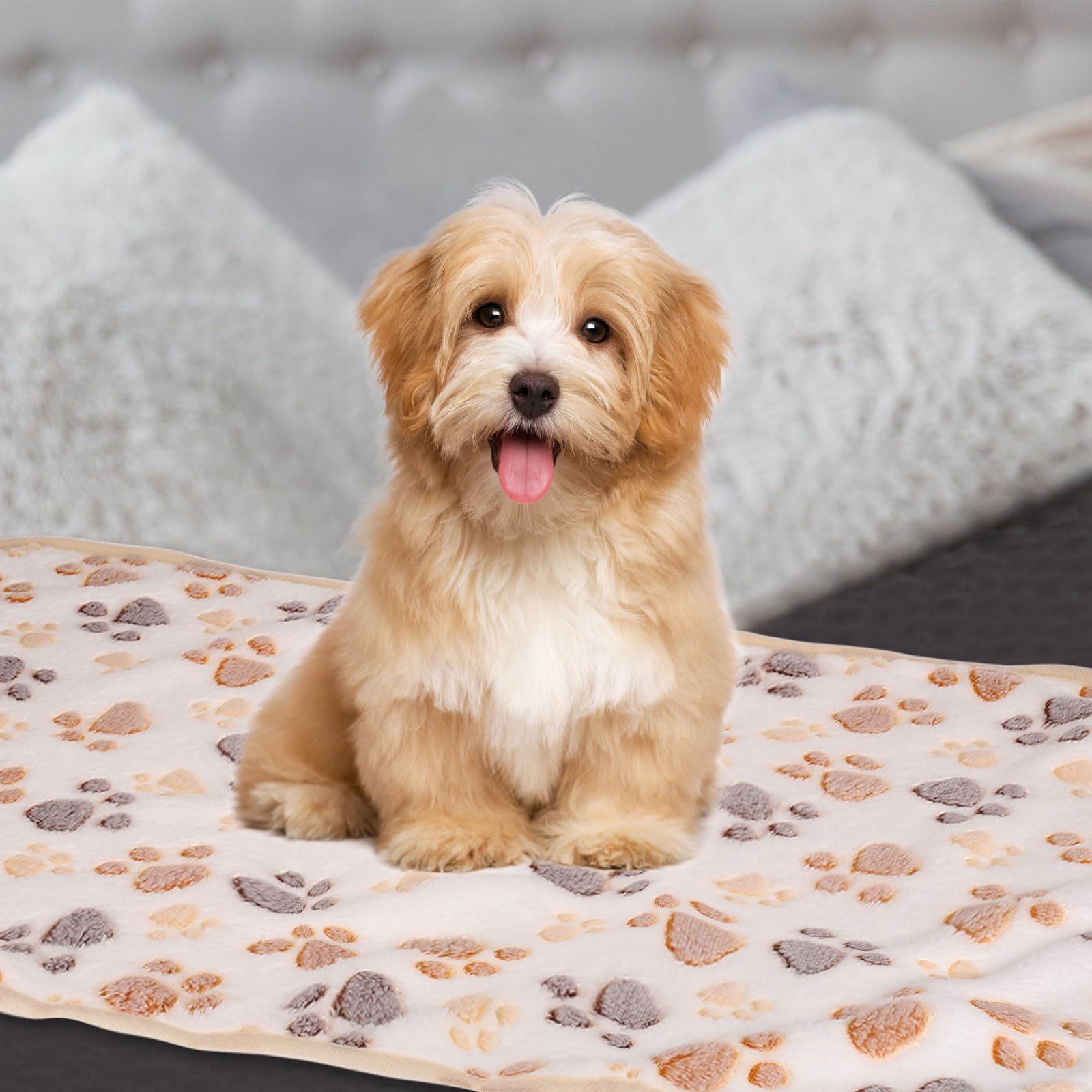 sourcing map Dog Cat Bed Blanket, 53x76cm Soft Plush Fluffy Flannel Paw Printed Throw Warm Pet Cover Kitten Blankets, for Medium Small Indoor Dogs Cats Sofa Bed (White, 1 Pack 3)