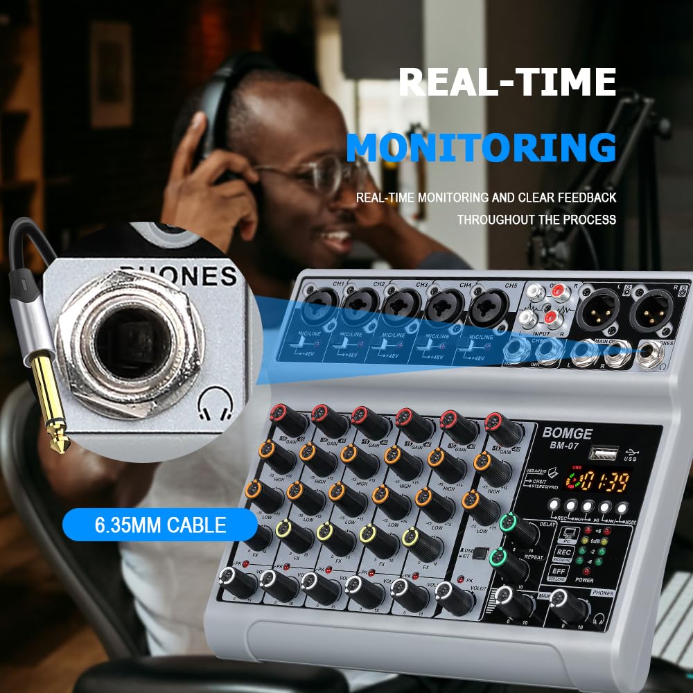 BOMGE - Console di Mixaggio Audio, Mixer Sound Board con 7 Canali Digitali USB Bluetooth, Effetto Echo Ritardo, Alimentazione Phantom 48 V, Mixer DJ Stereo per Registrazione, Live Streaming