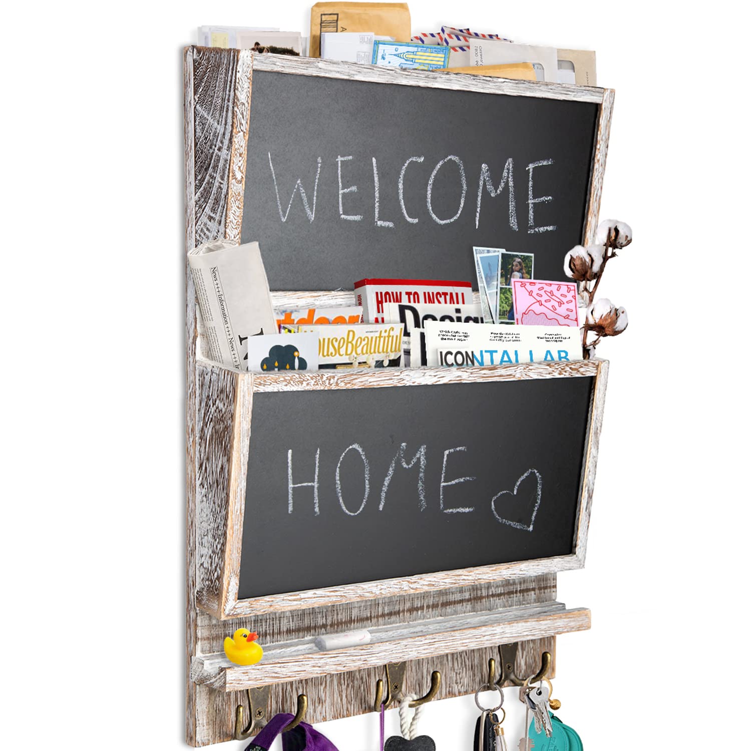 Rustic 2-Slot Mail Sorter Organizer for Wall w/Chalkboard Surface & 3 Double Key Hooks - Wooden Wall Mount Mail Holder Organizer – Wall Décor for Entryway Made of Paulownia Wood - Distressed White