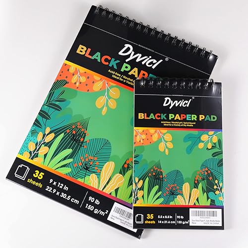 Miniatura 9 de Dyvicl Bloc de papel negro de 5.5 x 8.5 pulgadas, cuaderno de bocetos, 35 hojas (90 lb150 gsm), papel de dibujo negro en espiral para lápiz, pastel,