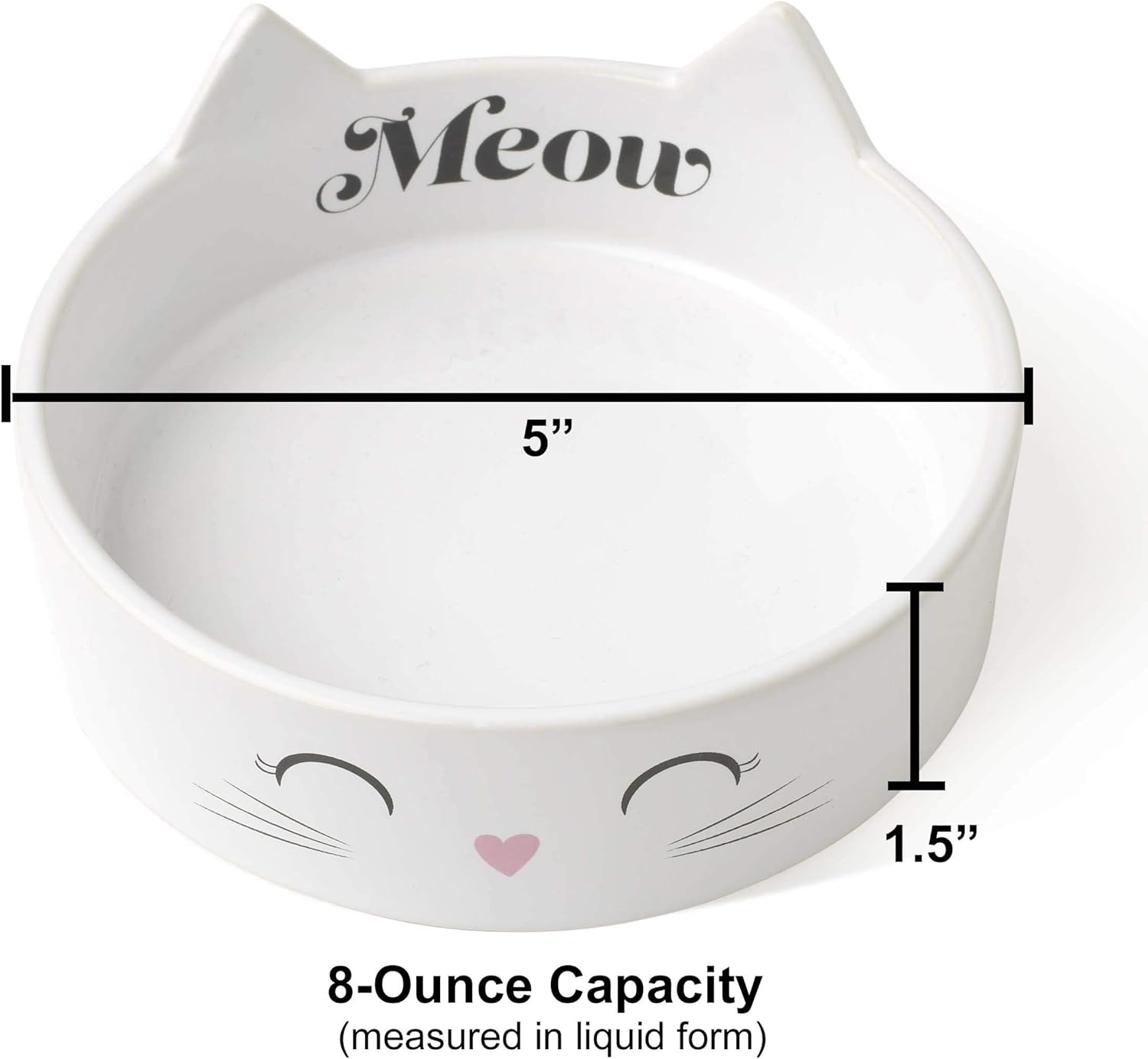 PetRageous 16037 Meow Kitty Dishwasher Safe Stoneware Cat Bowl 5-Inch Diameter 1.5-Inch Tall with 1-Cup Capacity for Cats, White