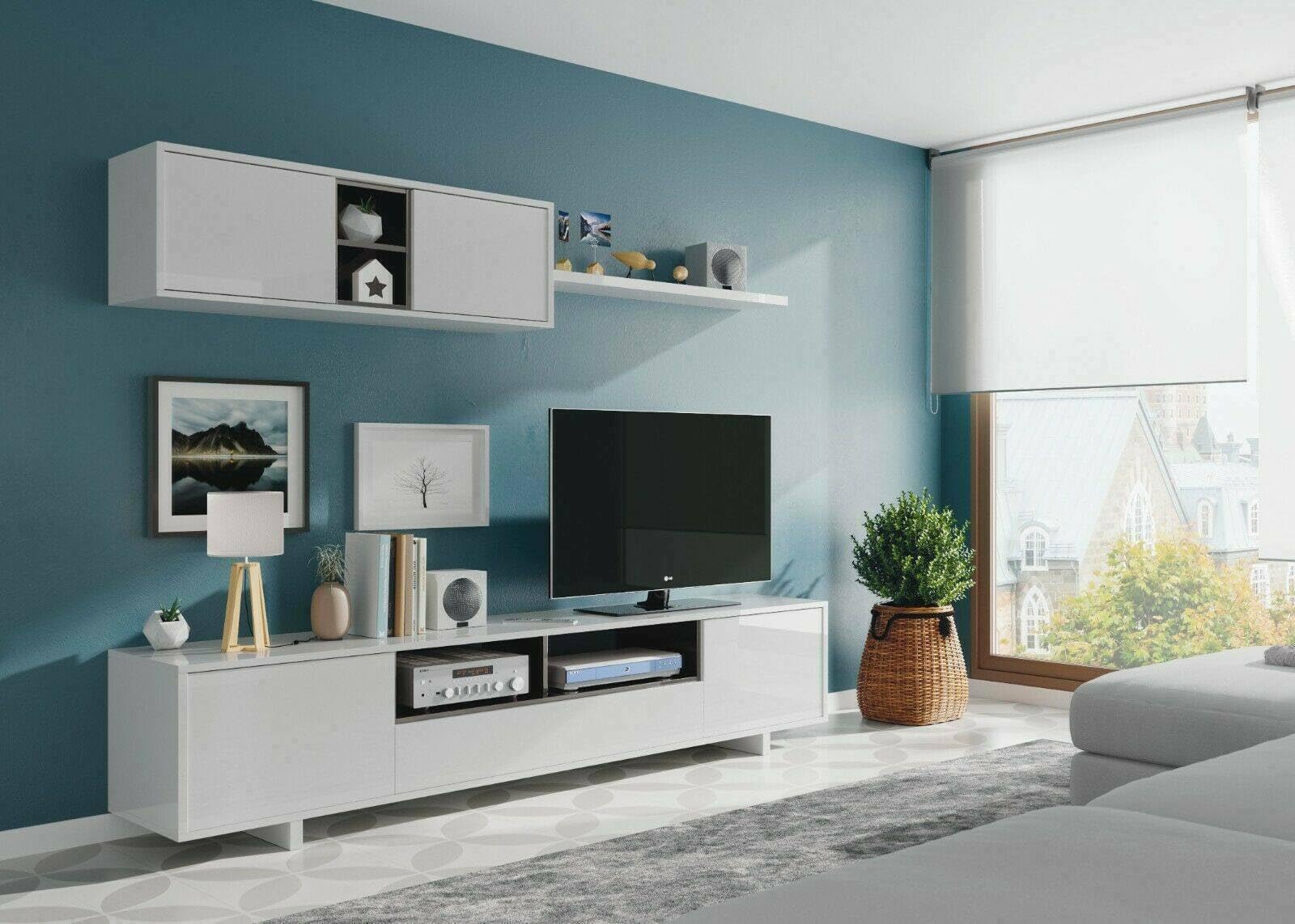 Dmora - Parete attrezzata Hartford, Mobile da soggiorno porta TV, Composizione set salotto, Set salotto con pensile, 200x41h46 cm, Bianco lucido