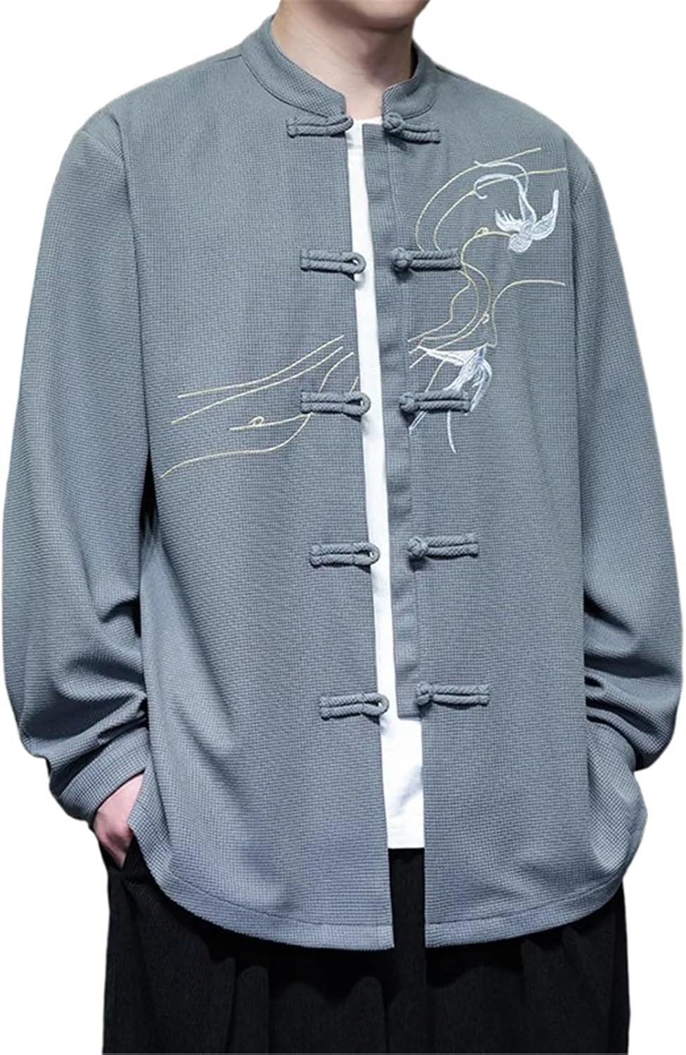 Chinese Style Men Long Sleeve Casual Shirt Spring Vintage Mandarin Collar Embroidery Kungfu Male Tops Shirts