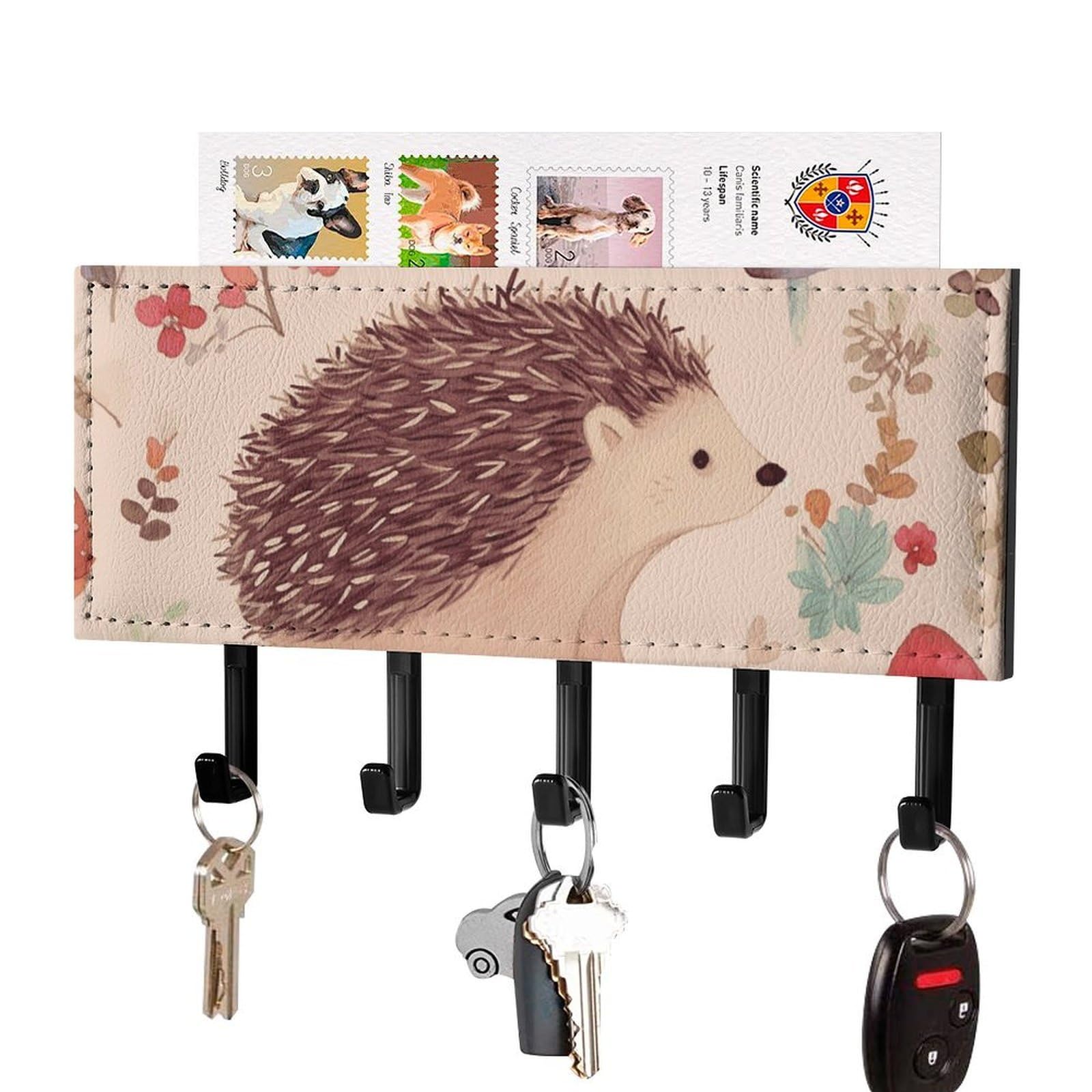 Vstadank Black-Style Lovely Hedgehog Key Holder For Wall Decorative Mail Organizer Exquisite Coat Rack Pu Wall Mount Adhesive Keys Rack With Tray&5 Key Hook For Door Hallway Entryway Decor