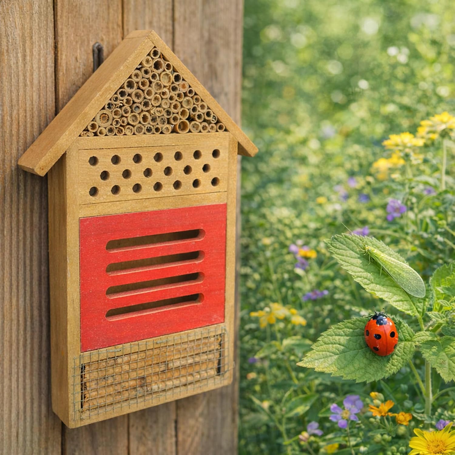 AUNMAS Wooden Bee House, Attracts Pollinators with Tubular Tunnels, Durable Platane Wood Garden Decor, 19.5x3.8x29.8cm Humidity for Bees