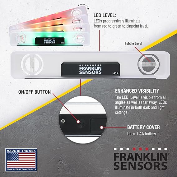 Franklin Sensors Light Level, Turns Green When Level, Digital/Electronic, 12-inch Magnetic Torpedo Leveler, Vertical and Horizontal Leveling Tool with 2 Bubble Vials, Made in the USA