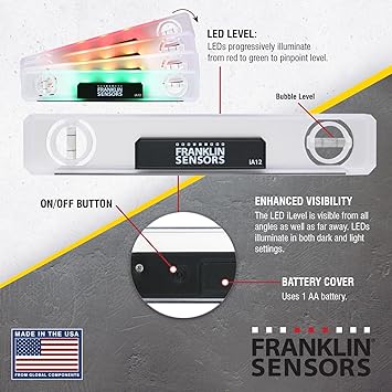Franklin Sensors Light Level, Turns Green When Level, Digital/Electronic, 12-inch Magnetic Torpedo Leveler, Vertical and Horizontal Leveling Tool with 2 Bubble Vials, Made in the USA