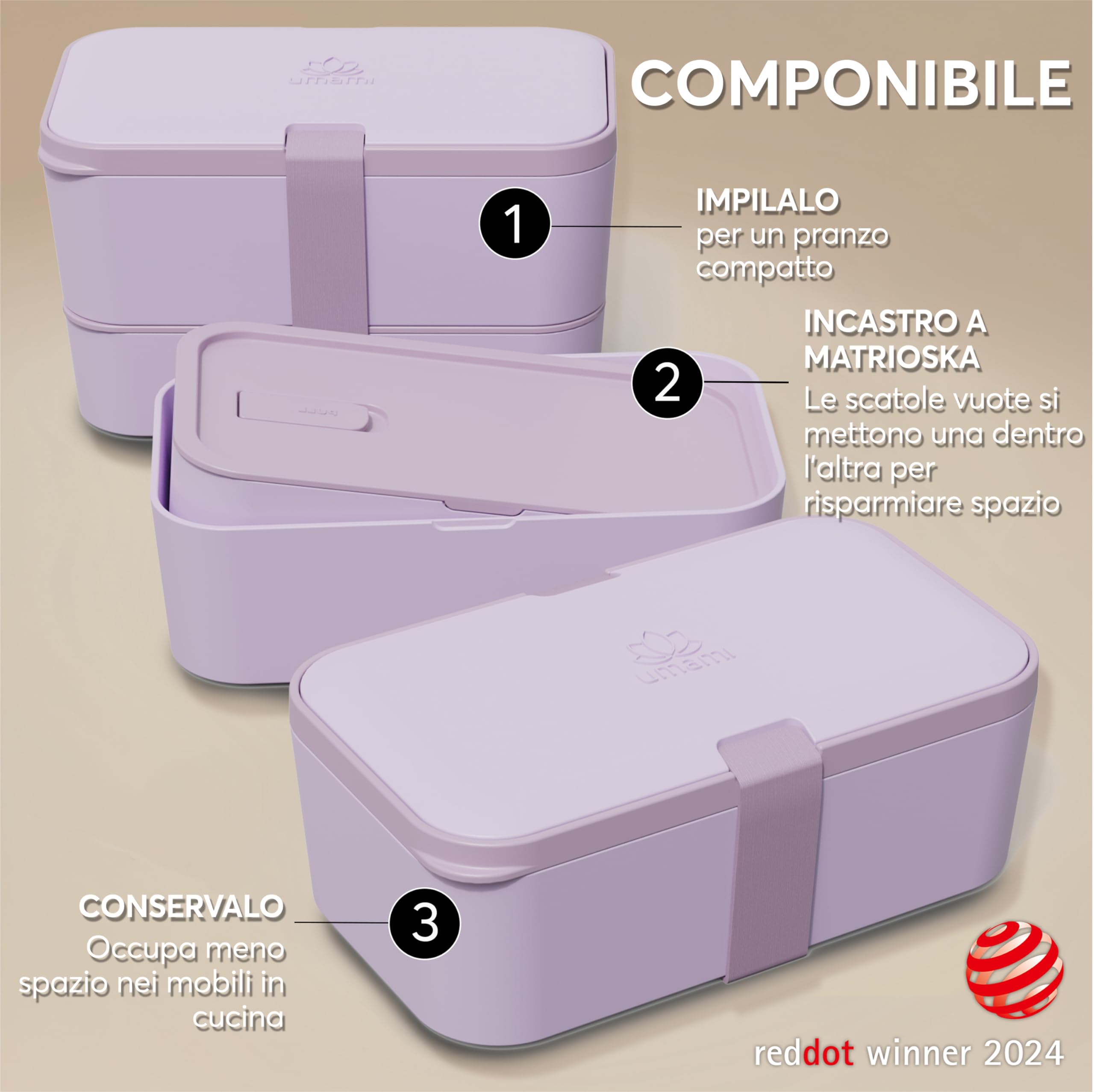 Umami Porta Pranzo Adulti Ermetico, Bento Box con Scomparti e 4 Posate | 1500 ml, impilabile e componibile, microonde e lavastoviglie, ideale per ufficio, picnic, schiscetta Lavanda Viola