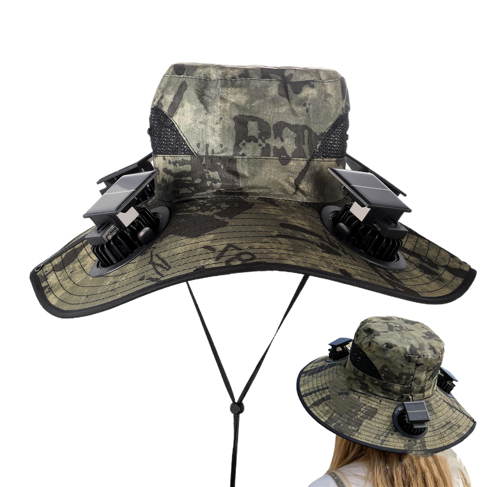 Cappello con Ventilatori a Energia Solare - Ventola a 4 Teste, Tesa Larga, Alimentato a Energia Solare - Cappello da Pescatore per Esterni - per Pesca, Campeggio, Giardinaggio, Hiking, Lavoro, Viaggi,