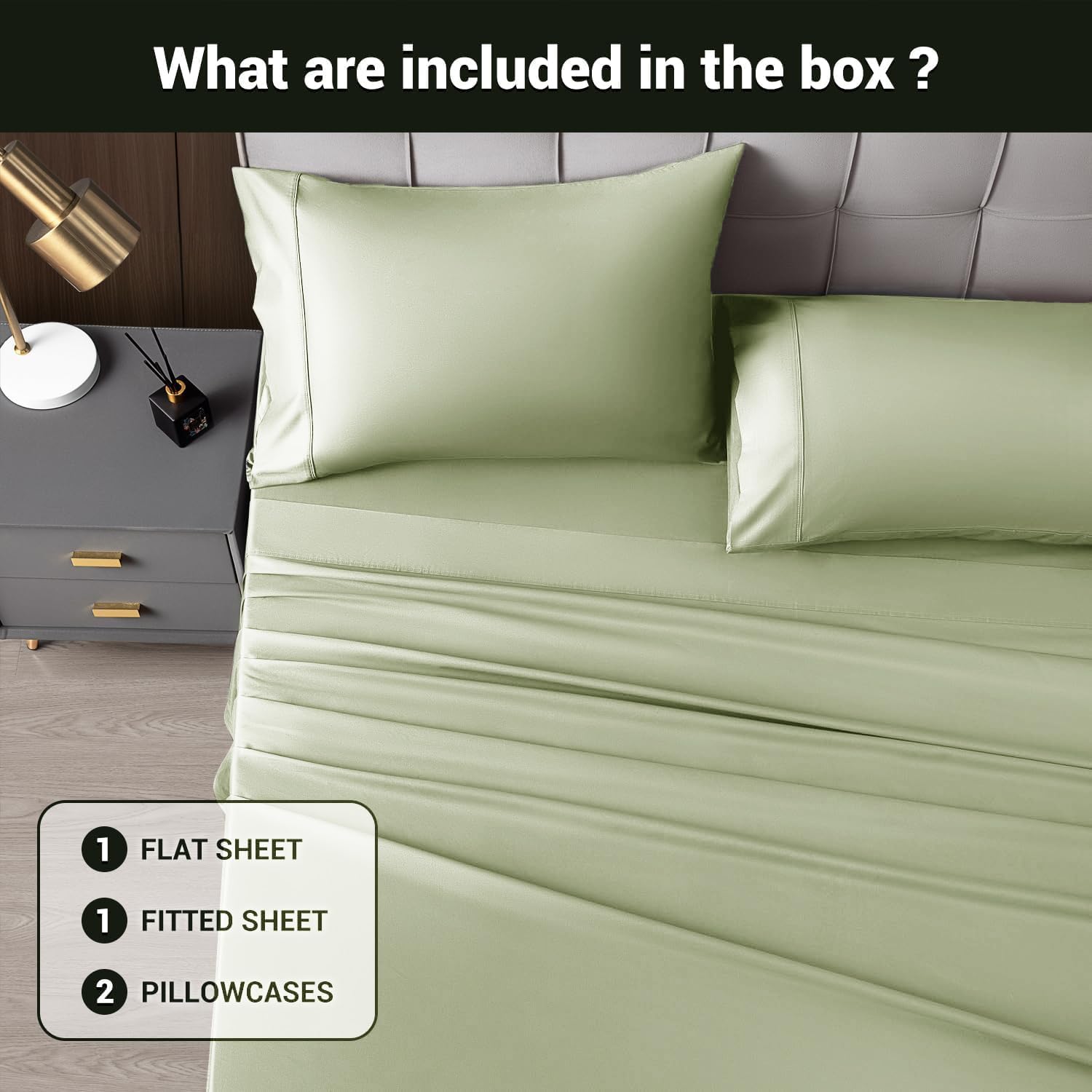 Shilucheng 4 Piece King Sheet Sets, Cooling Sheets, Blend Rayon Derived from Bamboo, Deep Pocket Up to 16", Breathable & Soft Bed Sheets, Hotel Silky Bedding Set, Sage Green - Image 8