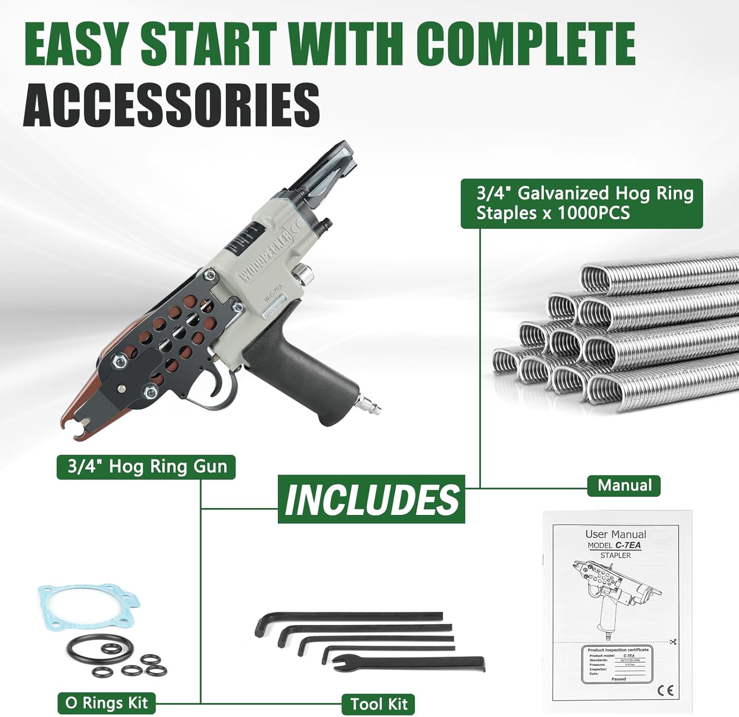 Woodpecker C-7EA 15 Gauge Pneumatic Hog Ring Gun Kit, 3/4-Inch Crown Air Power Long Nose C Ring Gun, 7-8mm Closure Diameter Hog Ring Tool, Fencing Plier for Railing, Spring Mattress, Car Seat