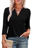 3/4 Length Sleeve Womens Tops V Neck Tunic Shirts Loose Curved Hem Blouses Dressy Casual S-3XL