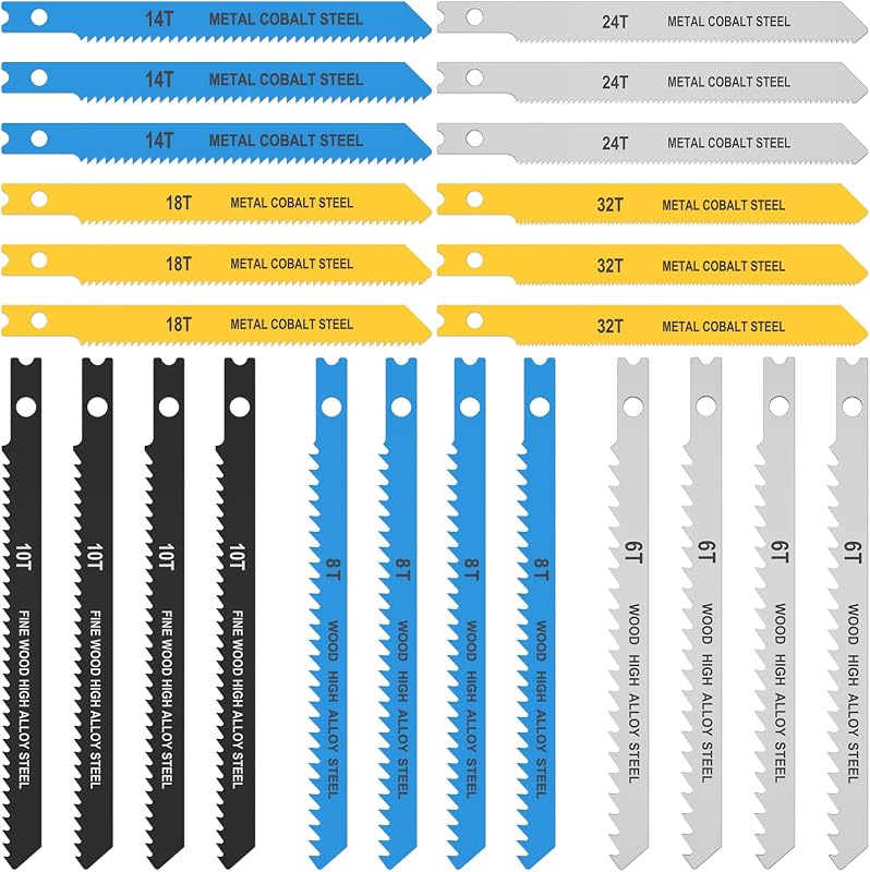 24PCS Jig Saw Blade Set, U-Shank Jigsaw Blades for Wood High Carbon Steel Assorted Fast Cut Down Jigsaw Blade Compatible with Bosch DEWALT SKIL Black and Decker Includes 6t 8t 10t 14t 18t 24t 32t