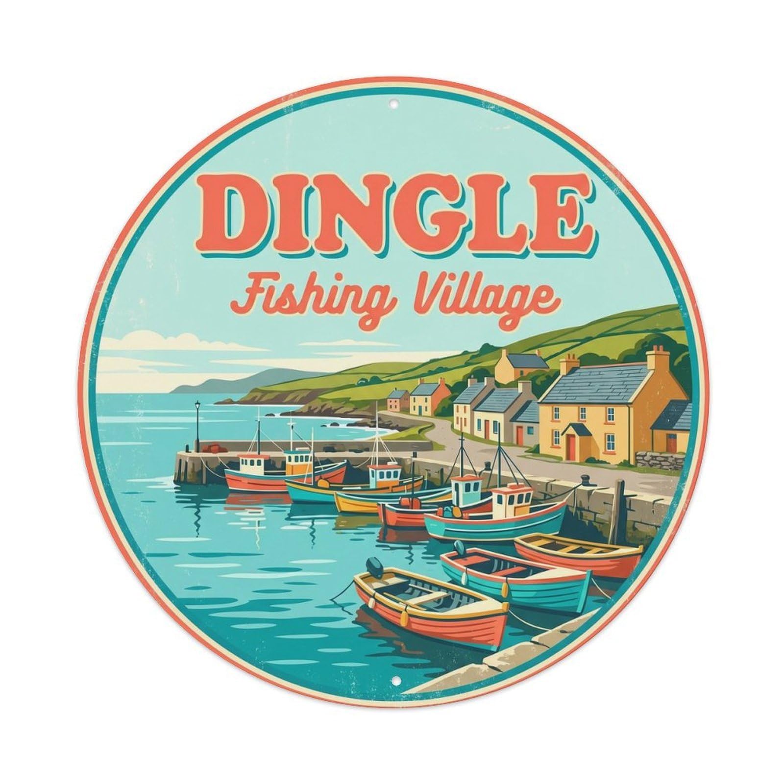 Cmhok Vintage Style Vintage Travel Dingle Harbour Town Metal Tin Sign Plaque Wall Decor For Cafe, Club, Garden Round Metal Poster 8X8inch