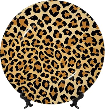 Ceramic Decorative Plate with Wild Leopard Animal Print,Bone China Porcelain Plates Decorations with Vertical Stand for Home Office Shelf Wall Decor 8in
