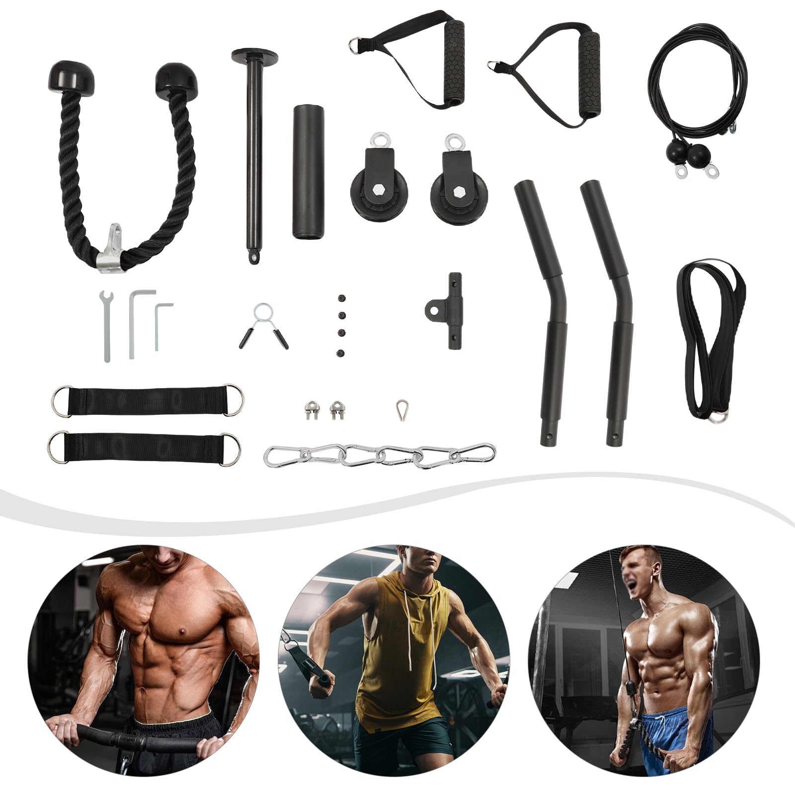 Gewicht Seilzug Fitness, Unterarm Trainingsgerät mit Silent Nylon-Rollen Einstellbare Kabellänge 250cm 100cm Zugstange Tragfähigkeit 120kg für Hause und Fitnessstudio
