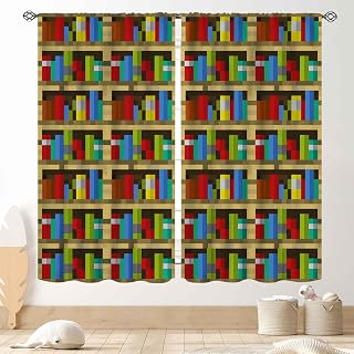 Pixelated Bookshelf Curtains, Pixel Print Game Theme Anime Bookcase Colorful Window Drapery Treatments for Kids Boys Girls Teen Bedroom Living Room Classroom Nursery, 55"x63" Inch