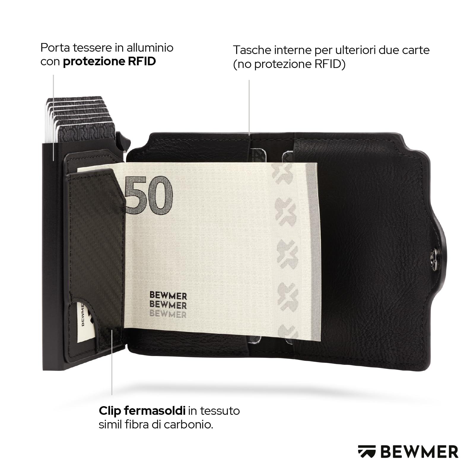 BEWMER Porta Carte di Credito 1 con custodia per Air tag | Portafoglio Slim da Uomo e Donna | Porta Tessere compatibile con Airtag Fermasoldi in Carbon Fiber (Air Tag Nero)