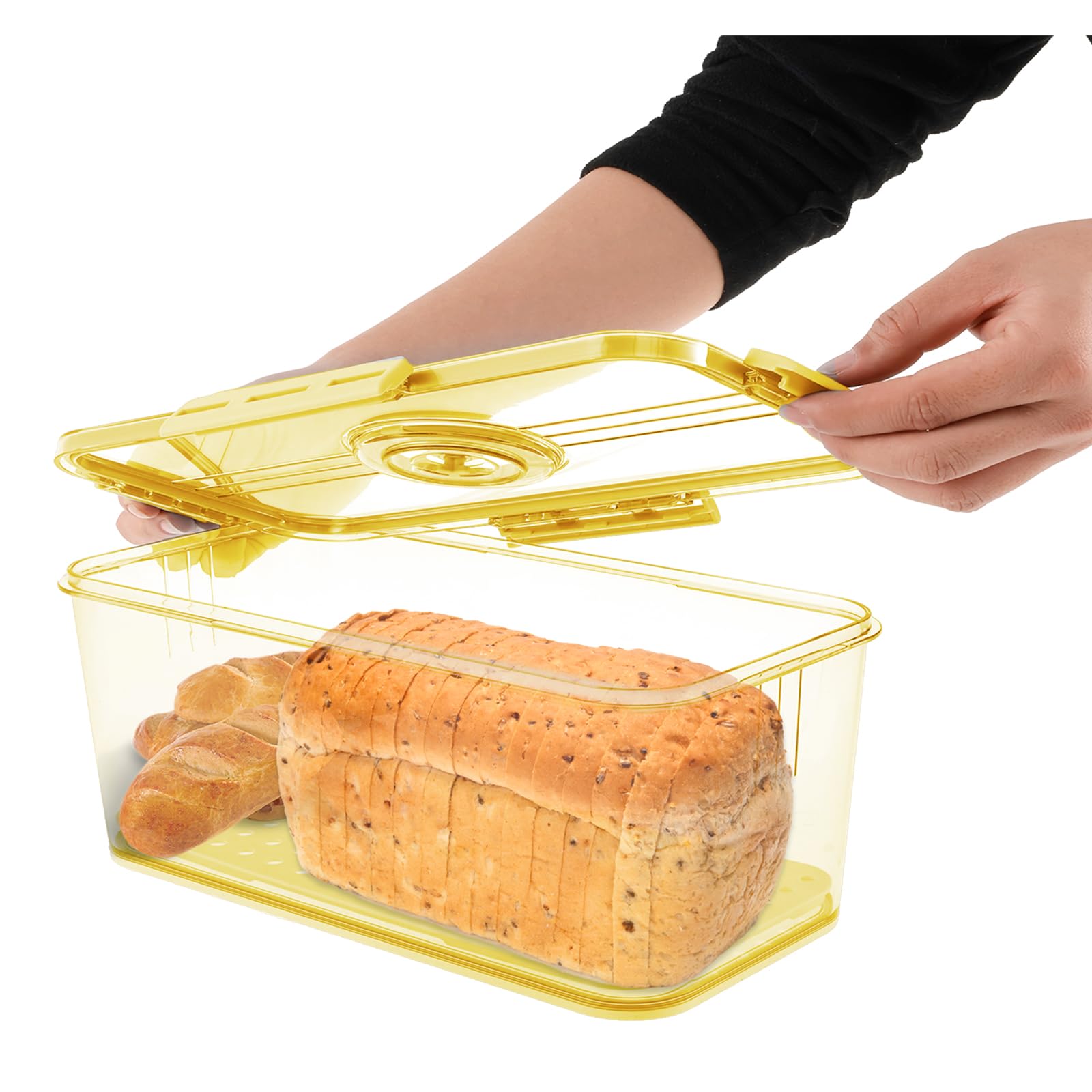 Time Recording Bread Box with Air Valve, Kitchen Counter Airtight Bread Bins with Lid, Clear Food Storage Container for Homemade Toast, Bagel, Donut, Sandwich and Cookies (Yellow 32.5×17.5×11cm)