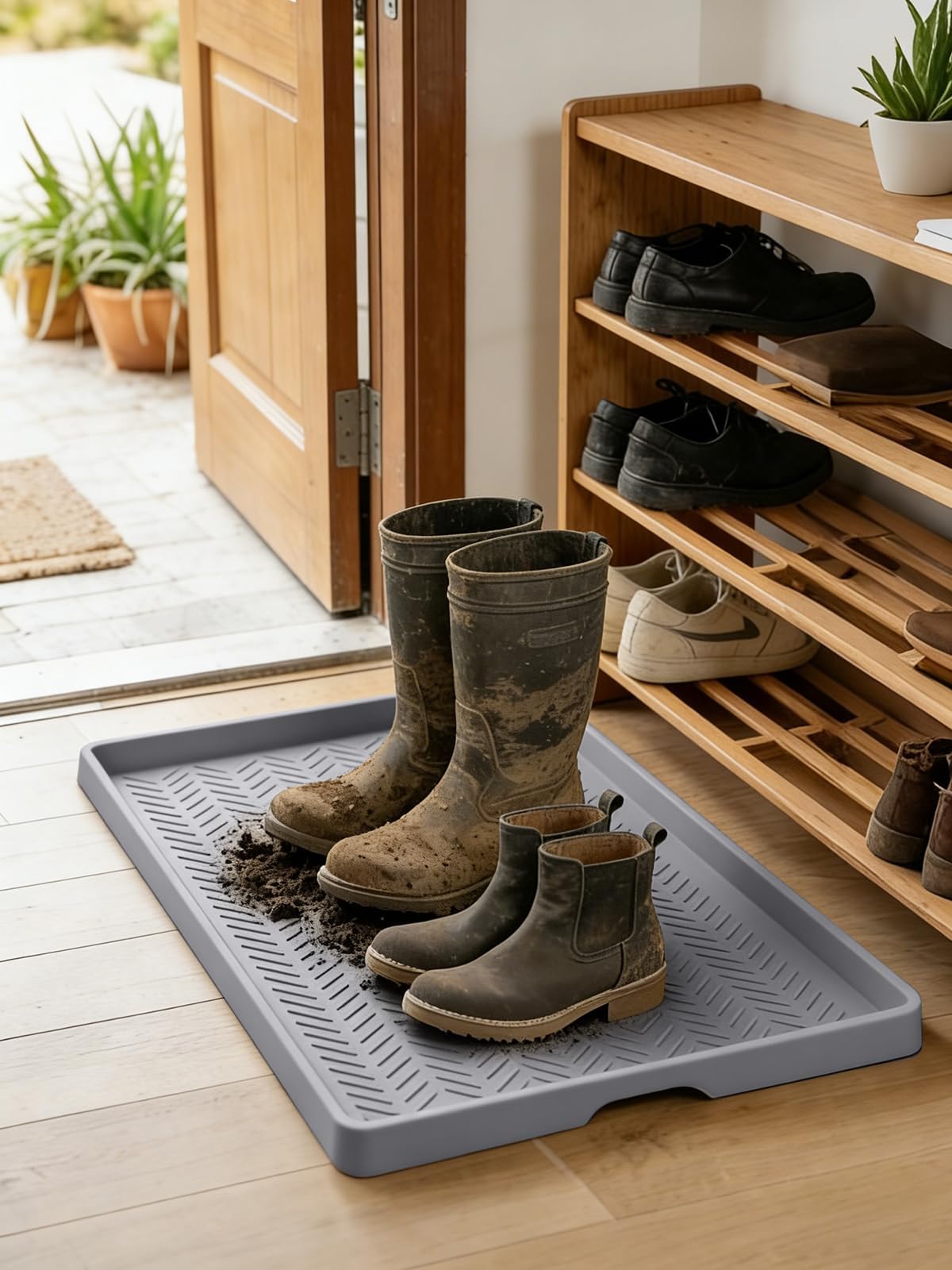 Kalolary Bandeja extragrande para maletero de entrada, de silicona, para uso en interiores y exteriores, antideslizante, para zapatos sucios y húmedos, impermeable, para puerta delantera, patio — view 2