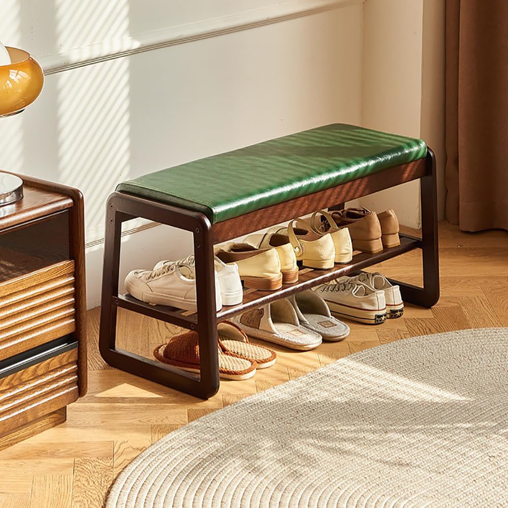Wooden Shoe Bench with Storage and Leather Cushion Seat for Shoe Changing and Shoe Organizer Modern Shoe Cabinet for Home Entryway Hallway Bedroom Living Room, XJMHXD (Green-100cm)