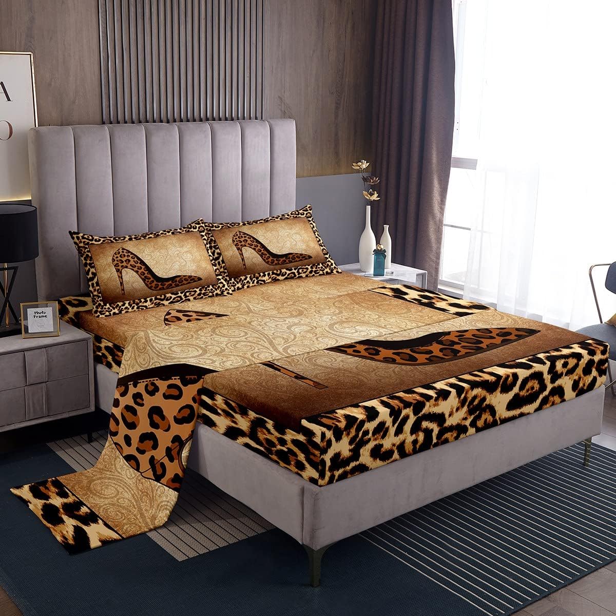 Leopard Print Sheet Set Queen Romantic High Heels Bedding Set 4pcs for Kids Girls Women Beauty Room Decor Vintage Mandala Floral Deep Pocket Fitted Sheet Cheetah Animals Fur Top Flat Sheet,Brown