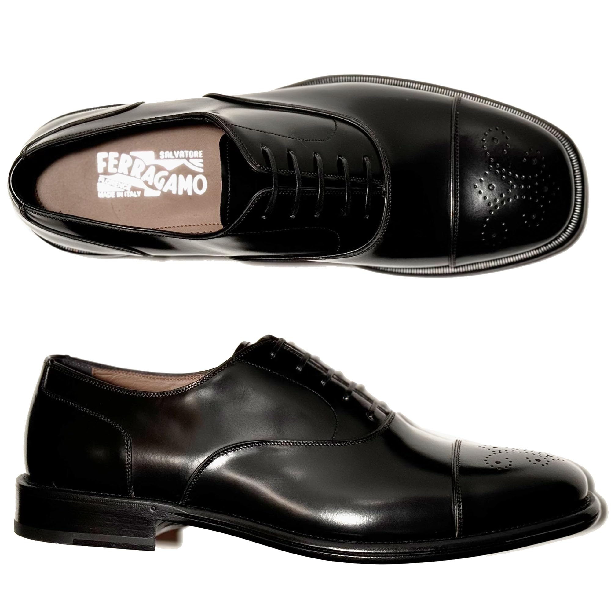 Ferragamo Maxime Mens Black Cap Toe Brogue Leather Welted Oxford Dress Shoes Salvatore
