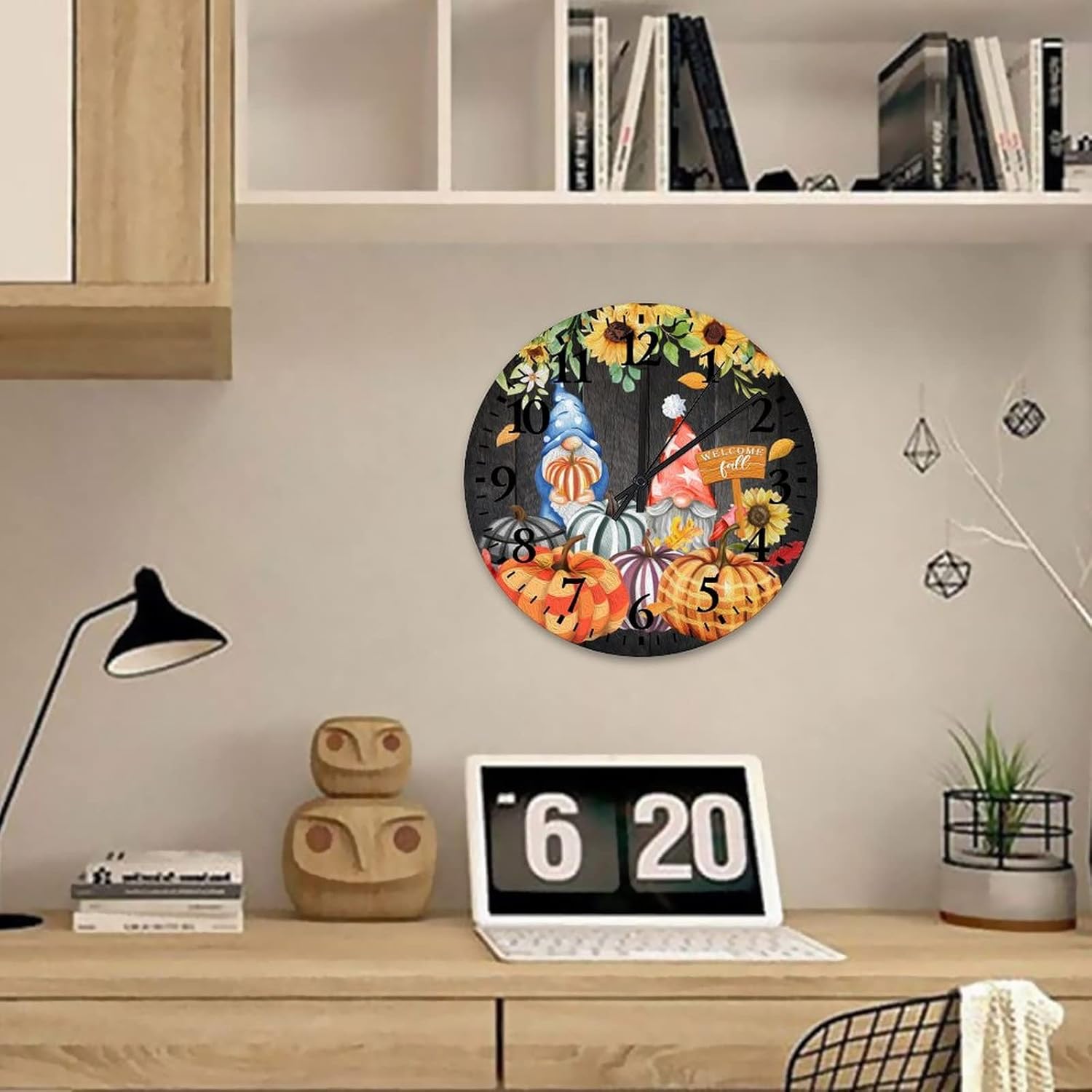 Welcome Fall Gnome Pumpkins Clock 12 Inch, Autumn Harvest Thanksgiving Clocks for Living Room Decor Non Ticking Round Arabic Numbers Clock for Home Office School