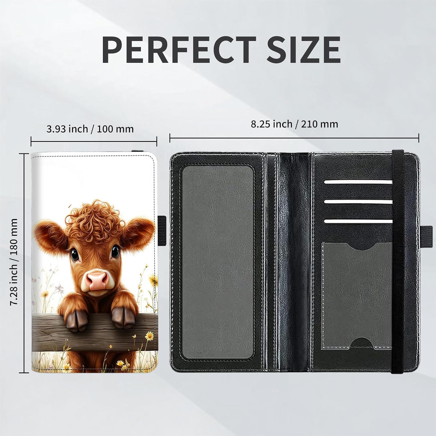 Checkbook Cover for Women and Men, PU Leather RFID Blocking Checkbook Holder Wallet Case with Elastic Strap & Multiple Card Slots, for Checks and Cards, Curly Haired Highland Cow