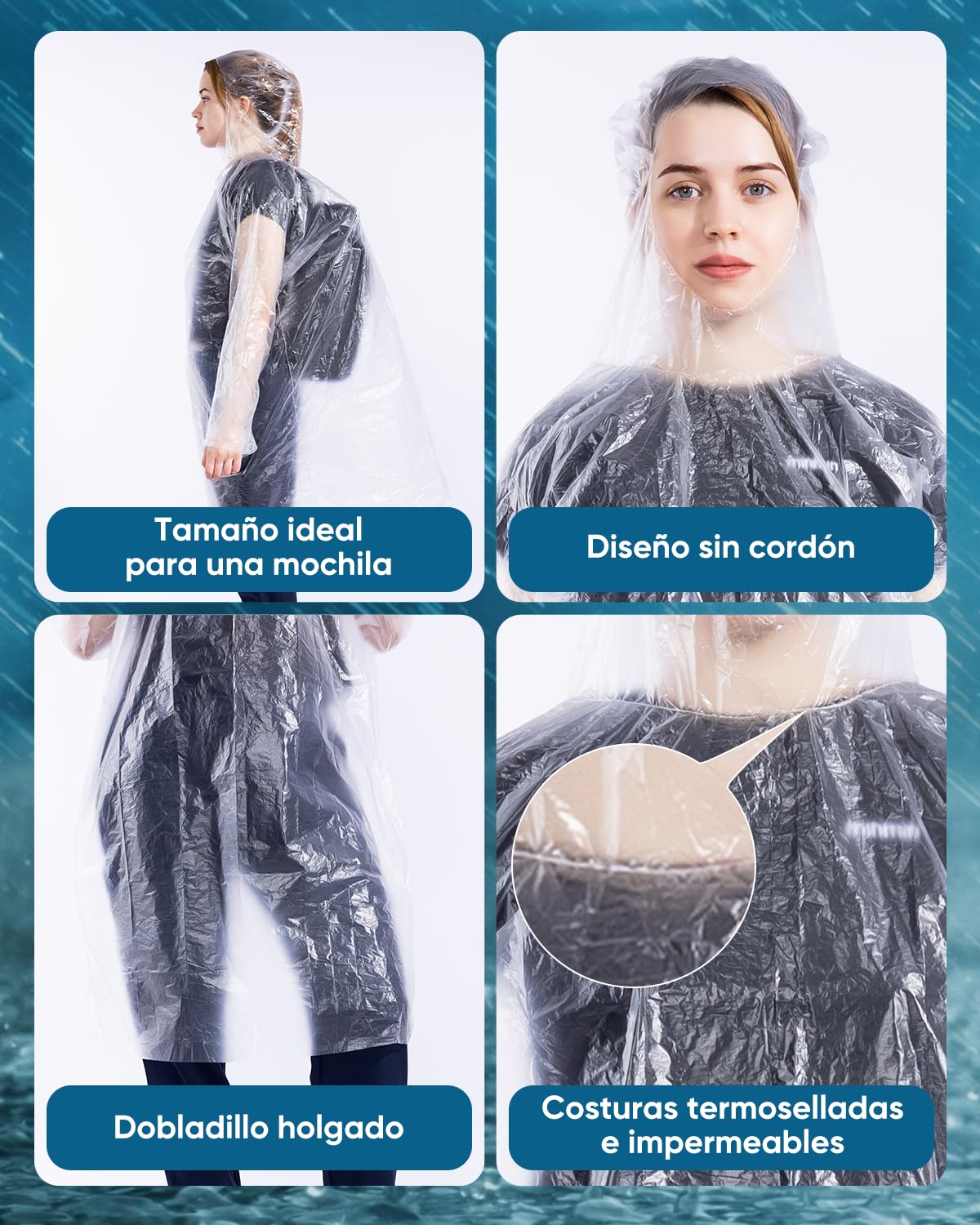 50/100 piezas de chubasqueros desechables para adultos, ponchos impermeables con capucha, capas de lluvia para hombre y mujer, ideales para senderismo, ciclismo y emergencias