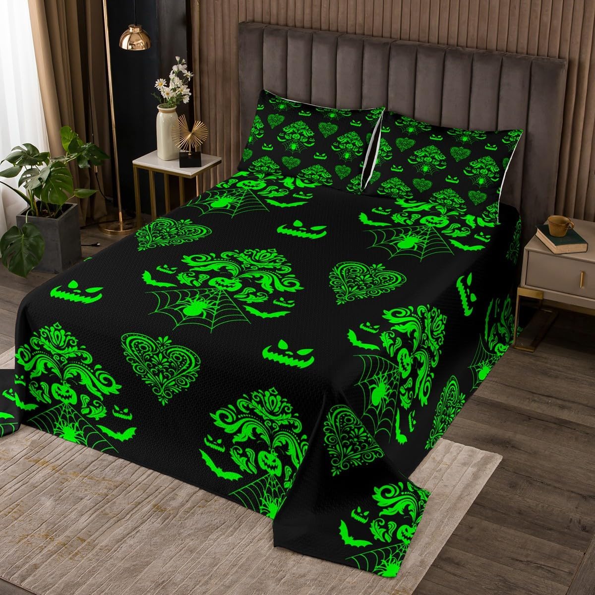 Halloween Bedspread Twin Size,Bat Spider Web Pumpkin Lantern Bedding Set 2Pcs,Gothic European Floral Print Comforter Set Boho Black Neon Green Quilt Coverlet Kids Boys Girls Bedroom Decor