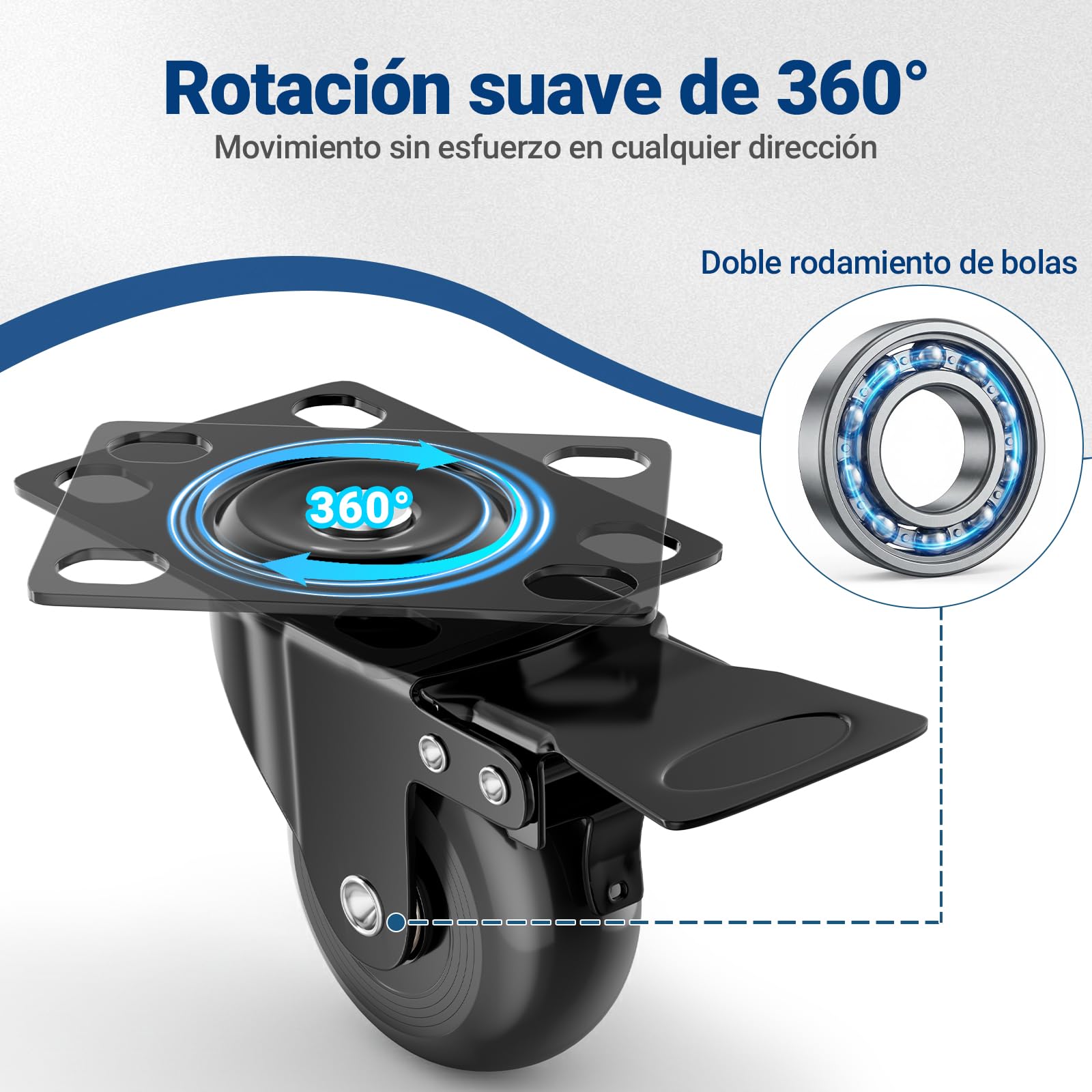 COSYLAND Ruedas para Muebles Pesados 50 mm, Juego de 4 Ruedas Giratorias 360° con Placa, Hasta 300 kg, No Dejan Marcas, para Transporte y Movimiento de Muebles, 4 Ruedas con Freno, Negro — view 5