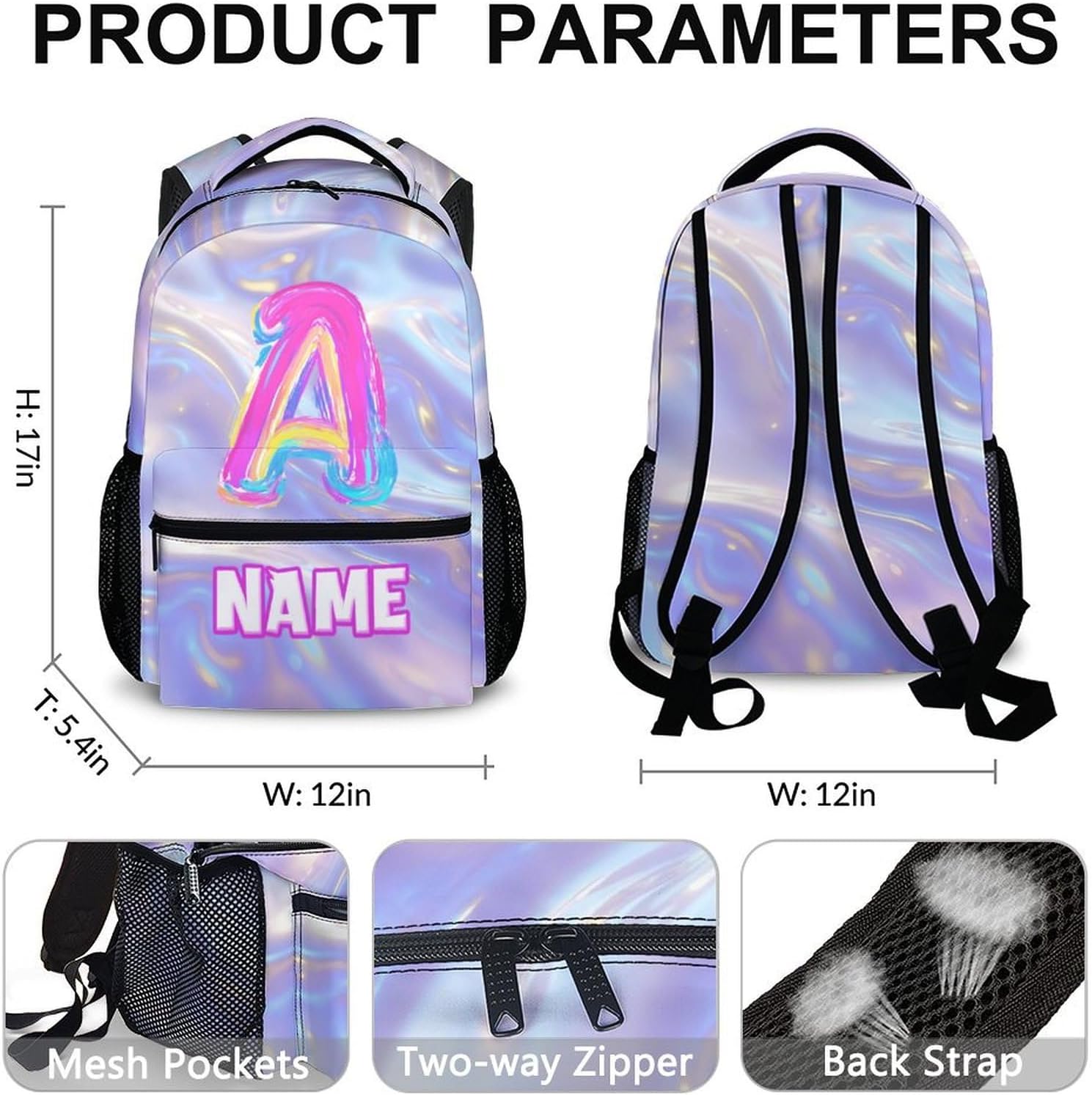 School Backpacks for Girls, Custom Kids Monogram Backpack, Personalized with Name Initial Letter Bookbag for Students Children, 17 Inch Back to School Gifts for Kids Age 8-12