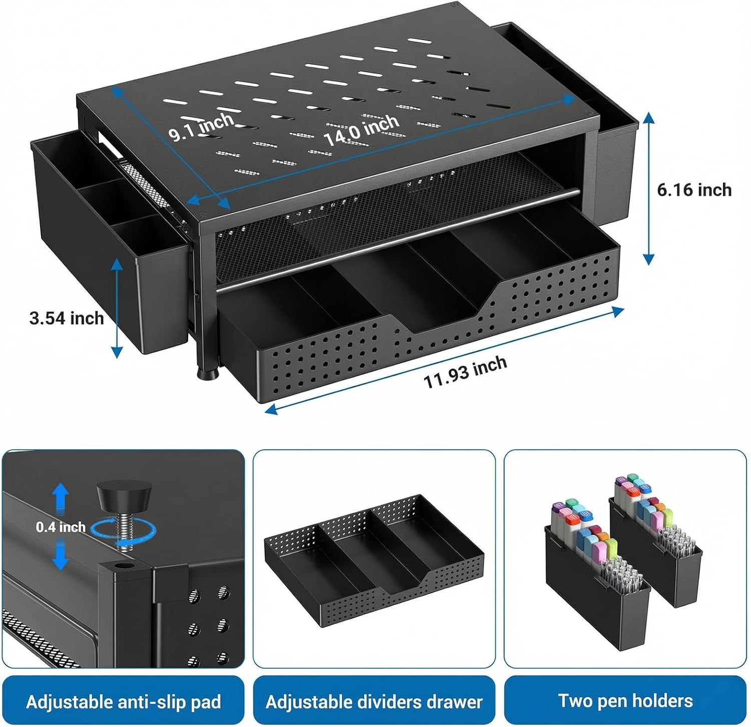 OPNICE Laptop Stand Desk Organizer, 2-Tier Metal Monitor Stand Riser with Drawer & 2 Pen Holders, Ventilated Perforated Steel Top, Office Desk Accessories for Home Office, Black