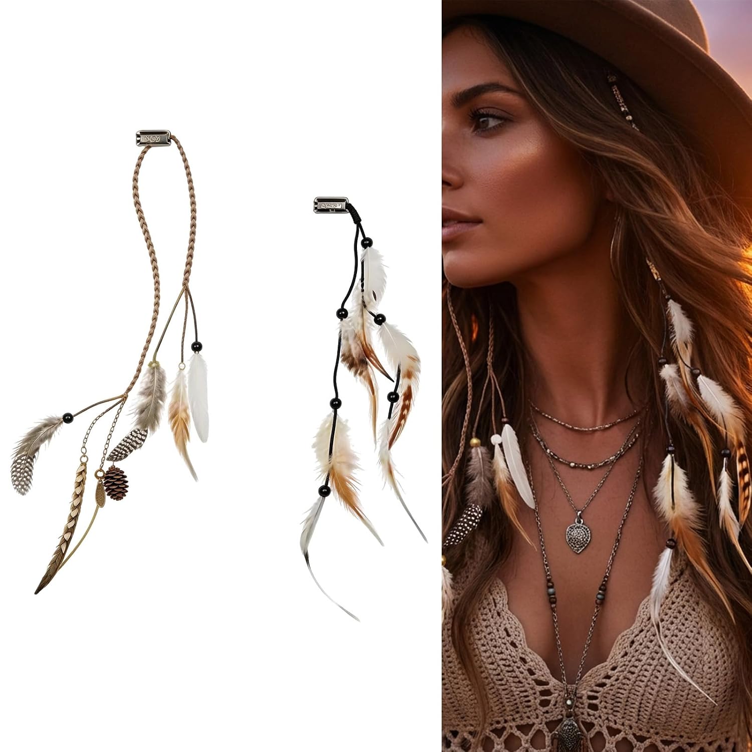 Pinzas para el cabello boho con plumas y cuentas coloridas, 2 piezas miniatura 1