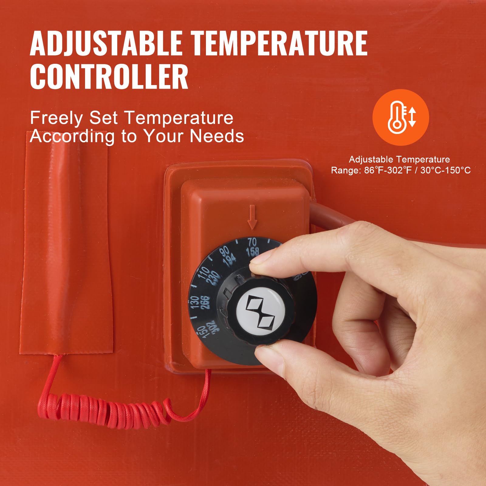 VEVOR Riscaldatore per fusti in metallo 1200 W per fusti da 55 galloni, Larghezza 250 mm, Termostato regolabile 30°C-150°C, Cintura riscaldante per fusti per grasso al silicone, Arancione