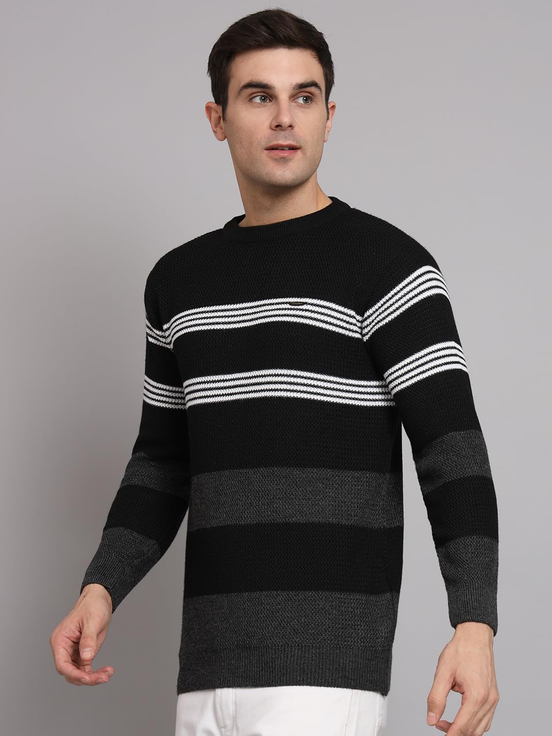 eWools Men's Winterwear Woolen Striped Cardigans Round Neck Sweaters (Black, Medium) - Image 2 thumbnail