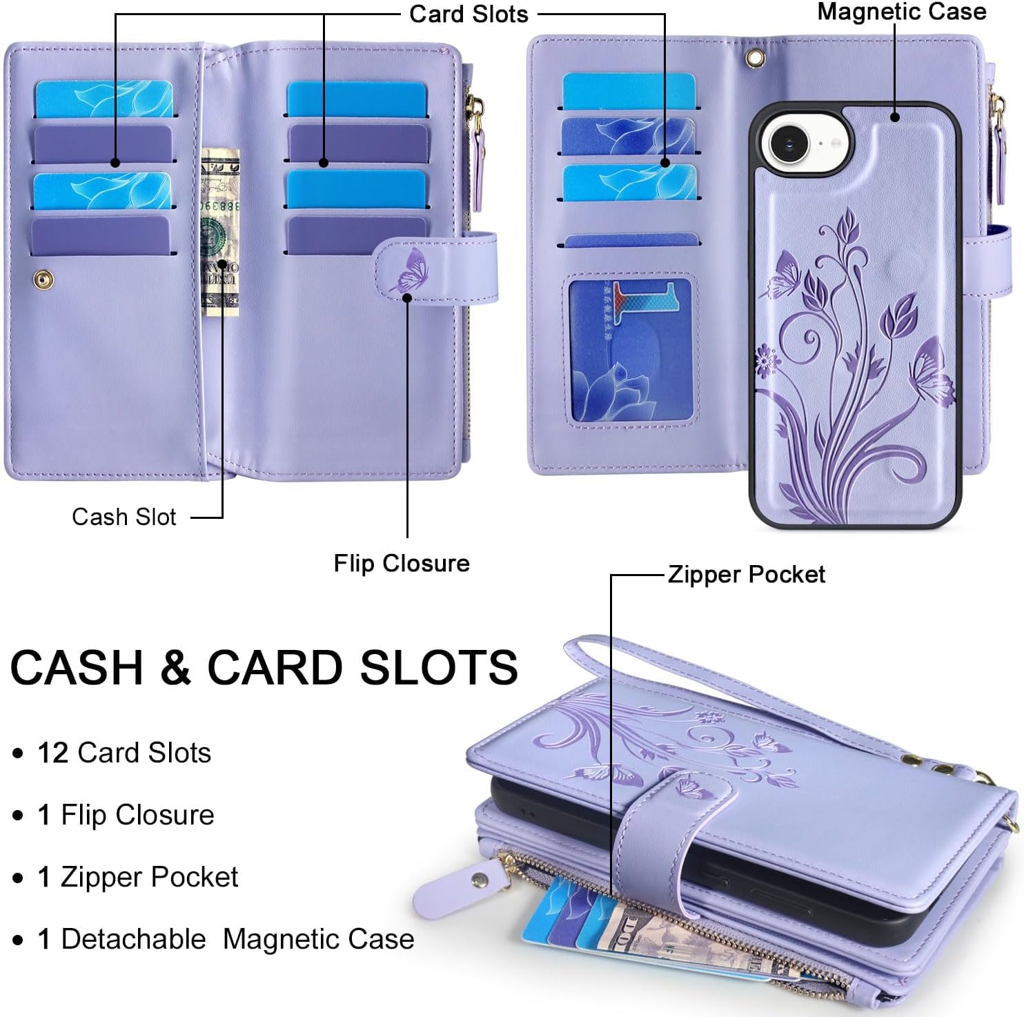 Lacass Case Wallet Compatible with iPhone 16e/17e, [12 Card Slots] ID Credit Cash Holder Zipper Pocket Detachable Leather Wallet Cover with Wrist Strap Lanyard（Floral Light Purple）