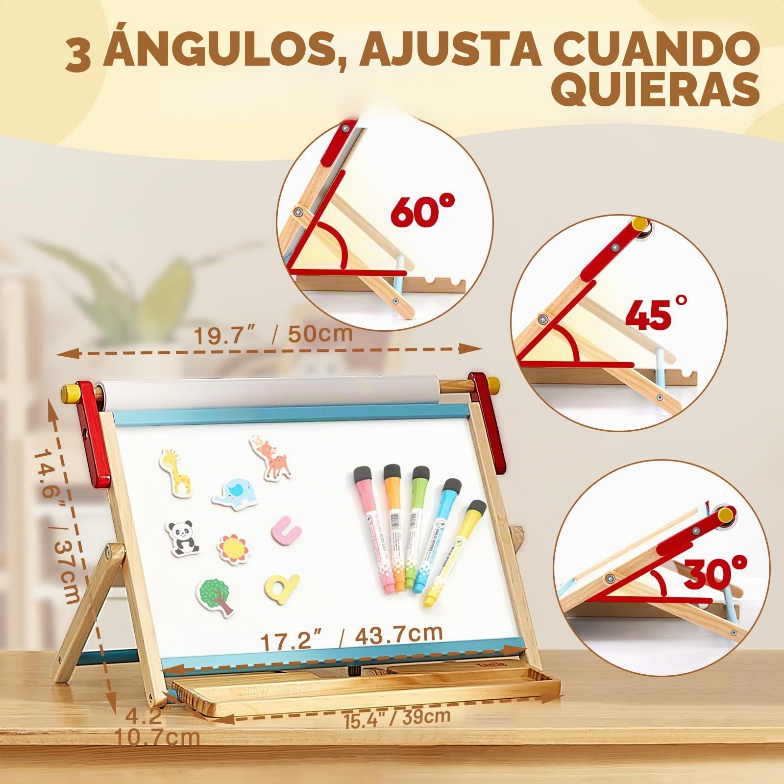 FUNLIO Caballete de Mesa 3-en-1 para Niños 3+ (100+ accesorios), Pizarra Magnética Doble Cara, Pizarra Infantil de Madera con Rollo de Papel, 3 Ángulos Ajustables, Plegable - Azul