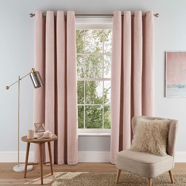 Sleepdown Super Soft Teddy Fleece Eyelet Lined Curtains for Bedroom and Living Room - 66x72 - Blush Pink - 2 Panels