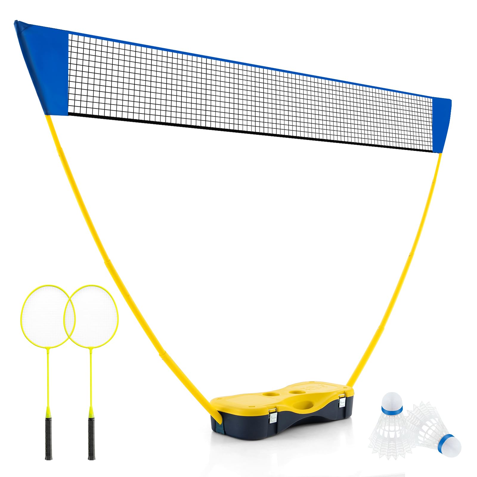 COSTWAY Portable Badminton Net Set, All-In-One Volleyball Badminton Set with Storage Base, 2 Rackets and 2 Shuttlecocks, for Backyard, Beach, Ball Games, Outdoor Team Sports (Yellow)