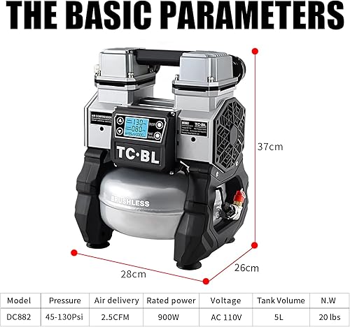 Vista 11 de TC·BL Compresor de aire portátil 110V, compresor de aire ultra silencioso sin aceite y bomba de aire pequeña ligera