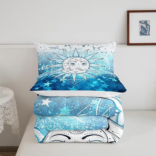 Miniatura 5 de Manfei Juego de edredón de sol y luna, tamaño matrimonial, juego de ropa de cama con estampado de estrellas azules, 3 piezas para decoración de