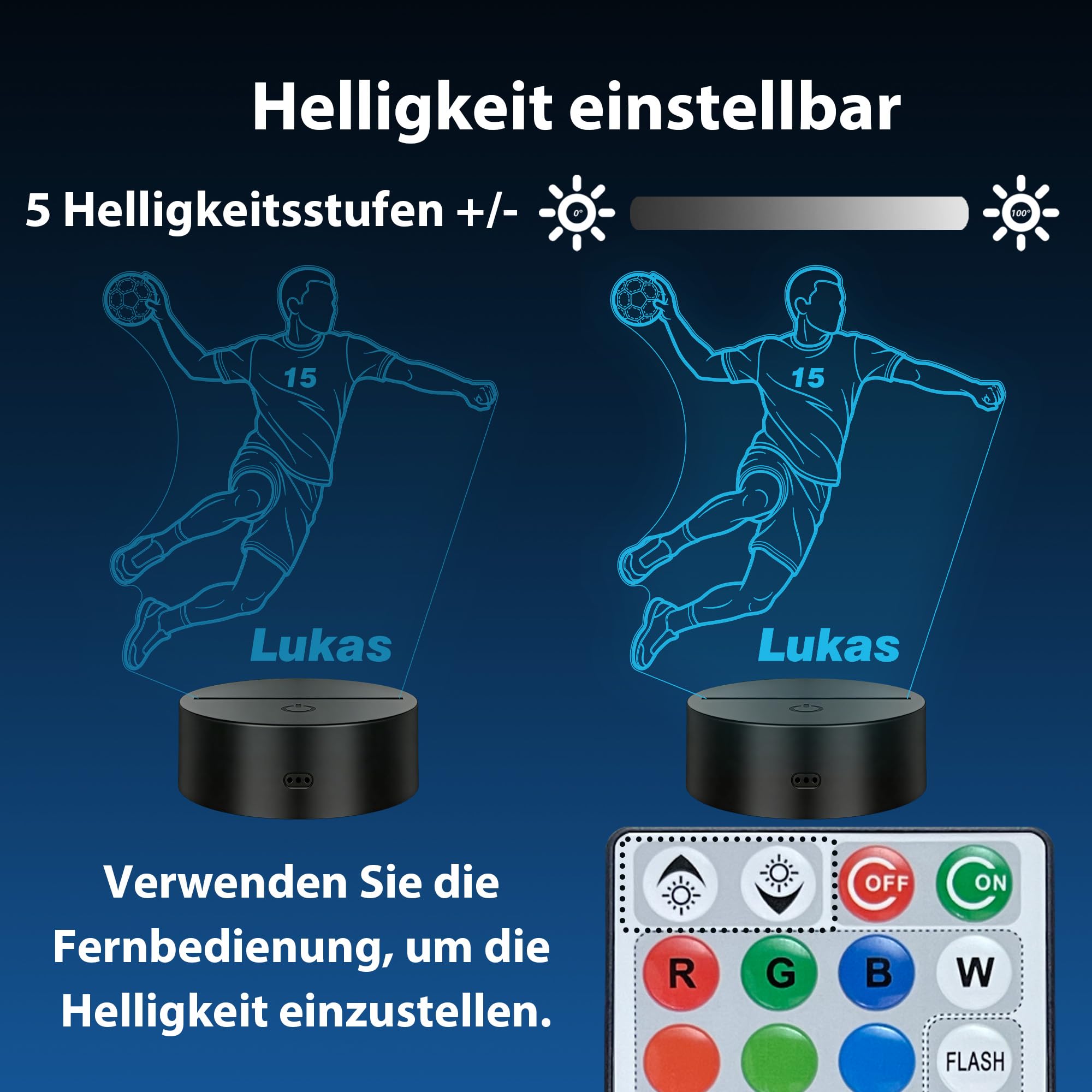 Personalisierte Handball Lampe – LED Nachtlicht mit Name – Handball Geschenk für Kinder, Spieler, Trainer & Fans – 16 Farben dimmbar mit Fernbedienung – Sport Deko Licht Kinderzimmer (Jungen)