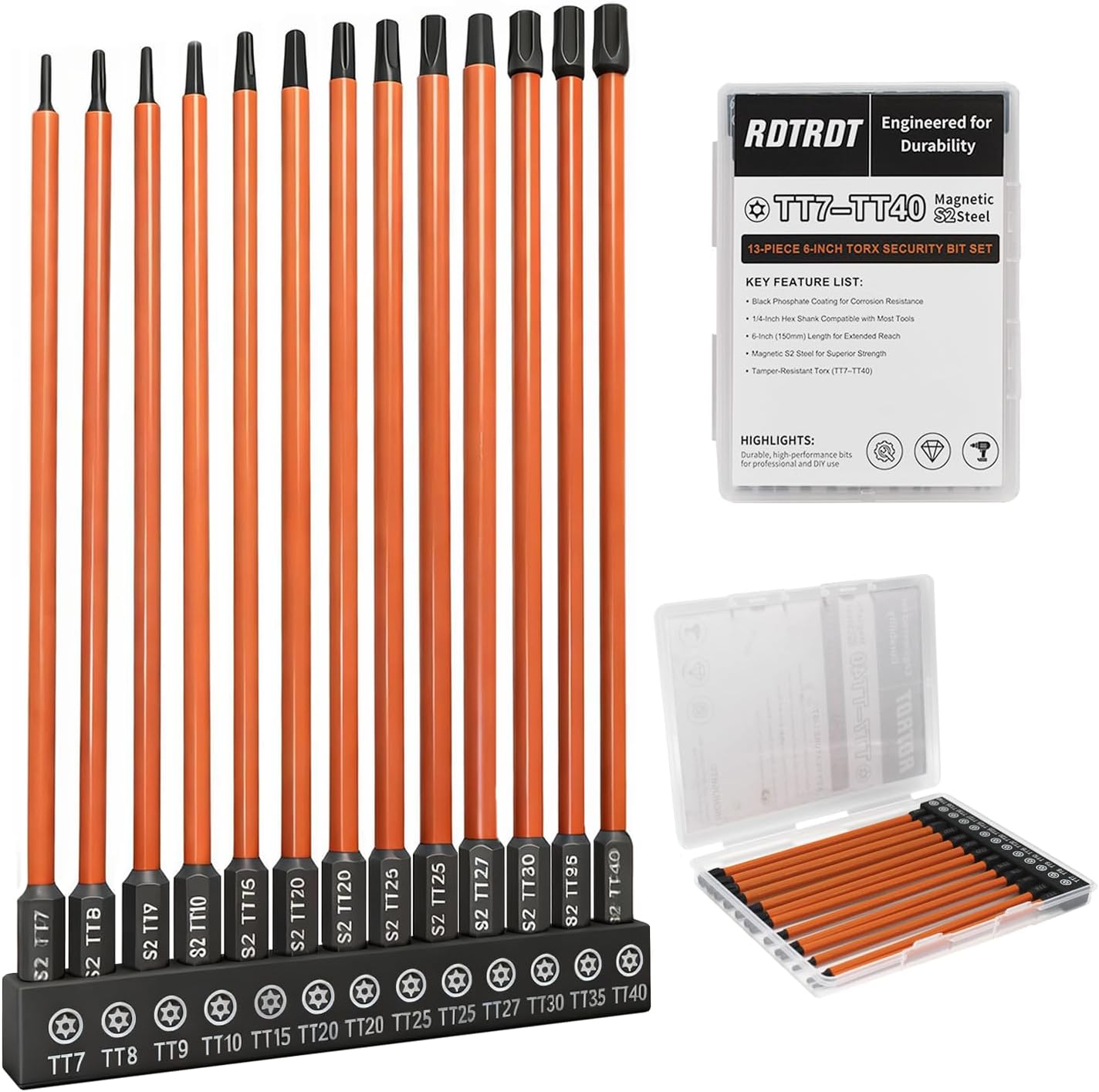 13 PCS Impact Long Torx Bit Set, 6-Inch Torx Security Bit Set, TT7–TT40, Magnetic Security Tamper Proof Star Bit Set, S2 Steel, Ideal for Automotive, DIY, Electronics, Drills, and Screwdrivers