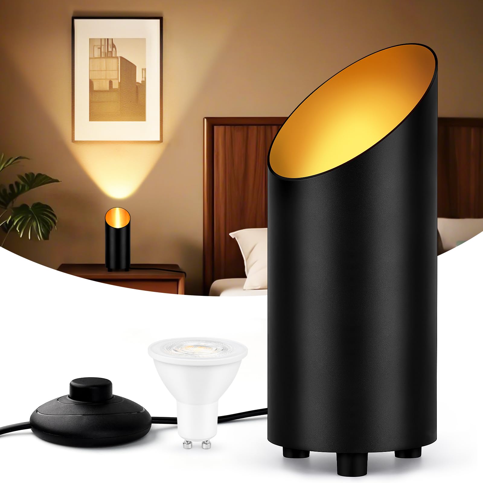 GeyouLux LED uplight spotlight lámpara de pie de aluminio IP44 resistente al agua 6W 600LM, lámpara de pie con interruptor de pie, incl. GU10 lámpara 2700K blanco cálido negro